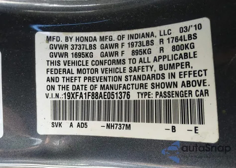 2010 Honda Civic Ex from USA, damaged, VIN 19XFA1F88AE051376